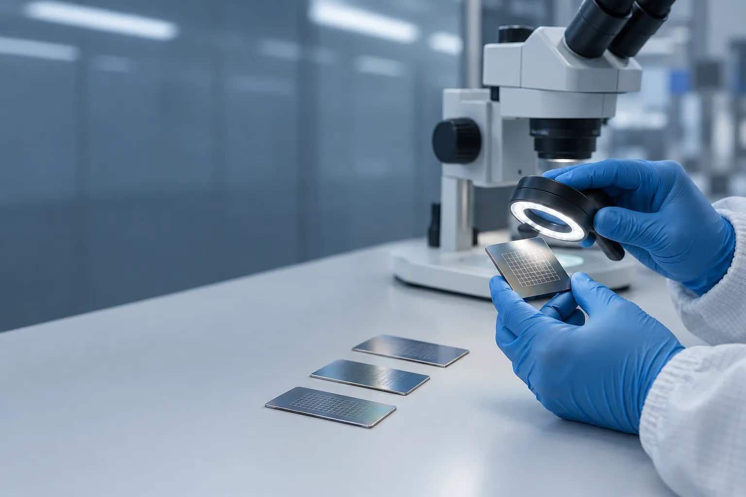 파릴렌(Parylene) 밀착 검증 작업대 컨셉 이미지 — 크로스컷 격자를 낸 코팅 시편을 장갑 낀 손이 조명 확대경으로 살피고, 뒤로 실체현미경과 같은 격자의 시편들이 놓여 있다