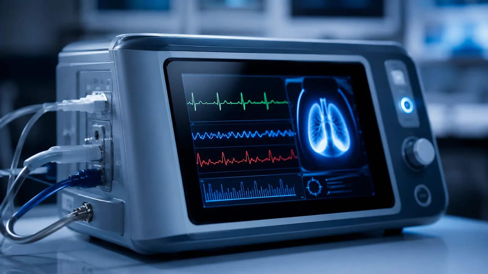 ECG·바이탈 파형과 폐 영상을 표시하는 의료 모니터링 기기 — 전자·디스플레이 부품의 절연·내습 보호가 요구되는 의료기기 Parylene 코팅 컨셉 이미지