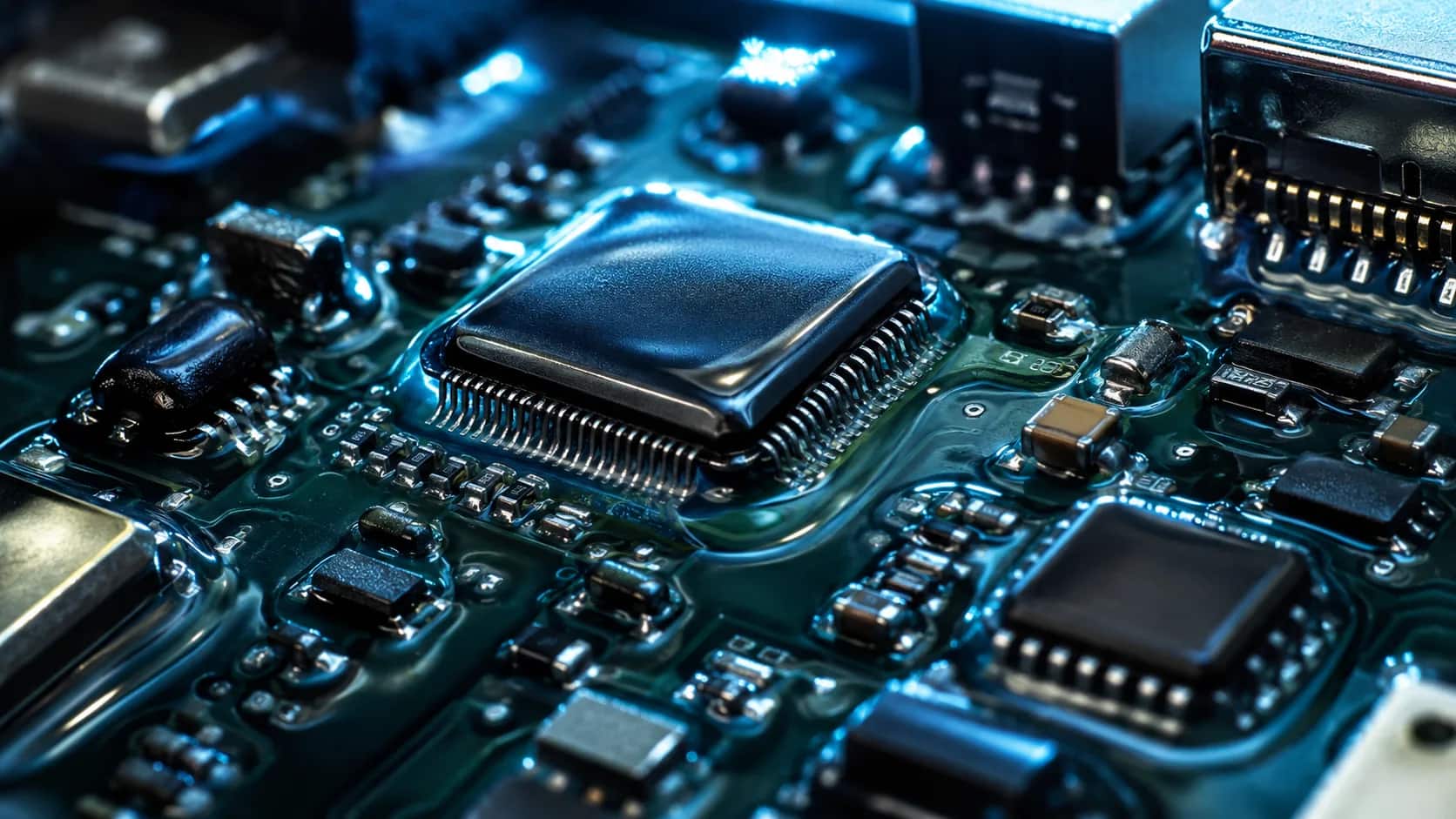 부품이 실장된 인쇄회로기판 위의 컨포멀 코팅 박막 — PCB Parylene 코팅 컨셉 이미지