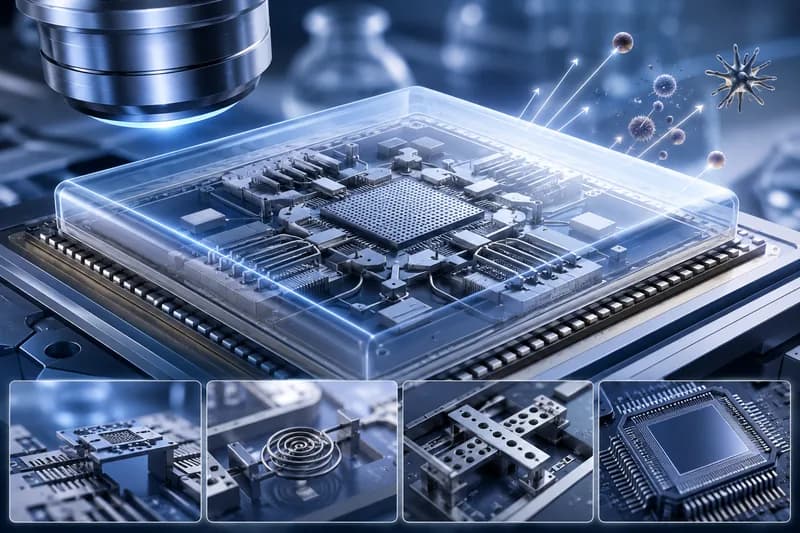 현미경 아래 MEMS 미세 구조 센서 — 센서 부품 Parylene 코팅 컨셉 이미지