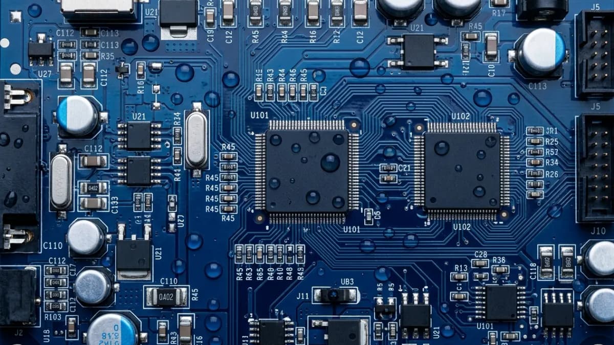 물방울이 맺힌 PCB 기판 클로즈업 — 파란 솔더마스크와 배선 위에 결로된 물방울이 흩어져 있고, 다핀 QFP 칩의 리드 사이, 키 큰 전해 커패시터의 그림자, 커넥터 안쪽처럼 방습 코팅액이 닿기 어려운 좁은 틈이 함께 드러나는 장면