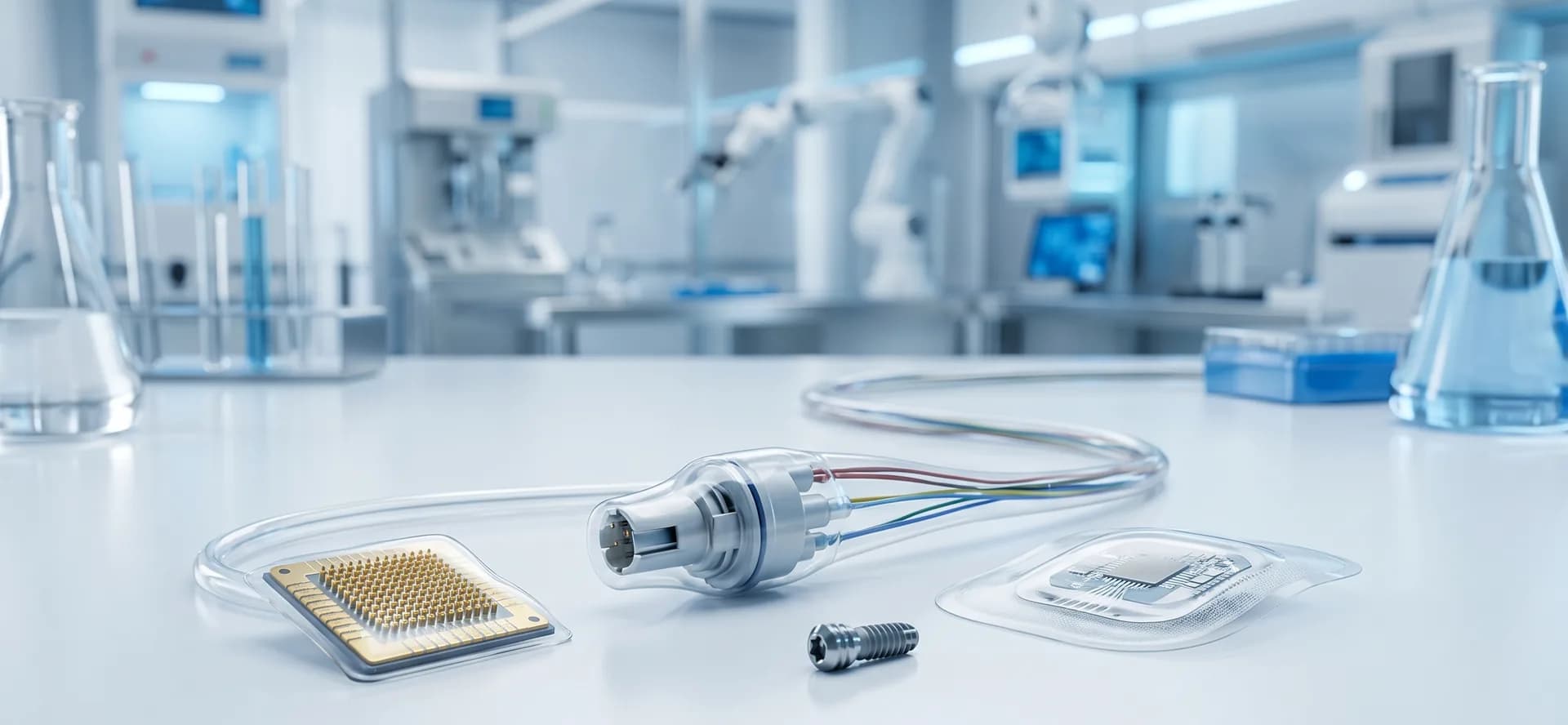 클린 랩의 의료용 커넥터 · 임플란트 · 전극 어레이 — 의료기기 부품 Parylene 코팅 컨셉 이미지