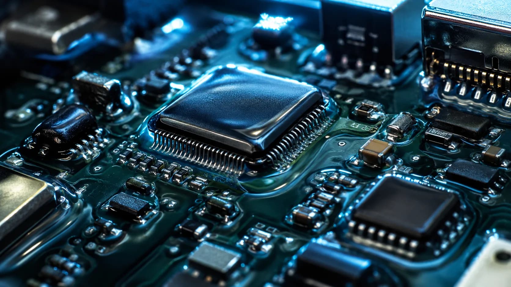 부품이 실장된 인쇄회로기판 위의 컨포멀 코팅 박막 — PCB Parylene 코팅 컨셉 이미지