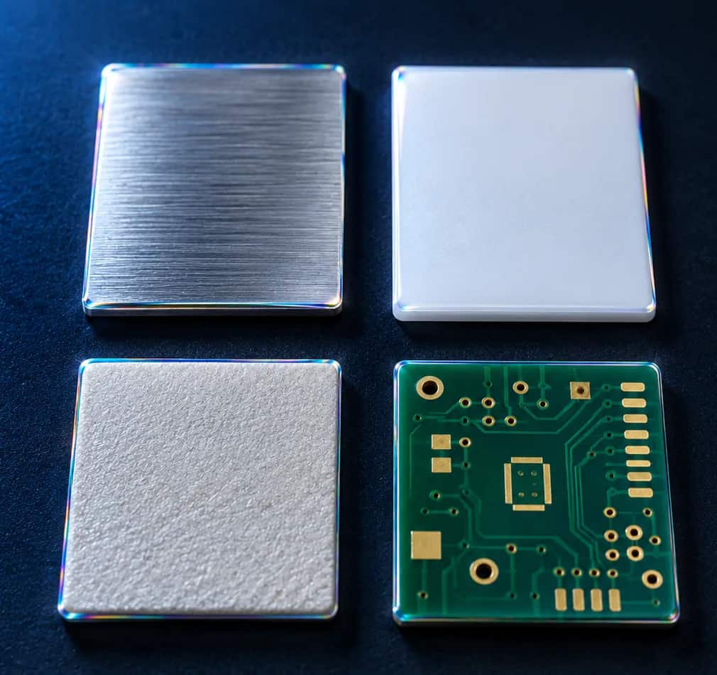 스테인리스 · PTFE · 알루미나 세라믹 · PCB 시편 네 장을 위에서 내려다본 매크로 — 재질마다 표면 질감과 반사가 다른 모습을 보여주는 Parylene(파릴렌) 전처리 컨셉 이미지이며, 각 시편 가장자리에 얇은 막 특유의 무지개빛 간섭색이 보인다