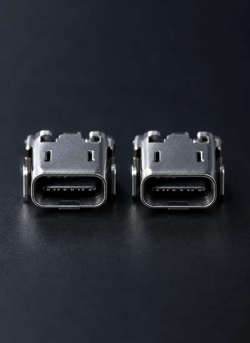 어두운 배경에 놓인 동일한 USB-C 커넥터 두 개를 정면에서 찍은 매크로 사진 — 촘촘한 접점 핀과 하우징 형상이 그대로 드러나며, 이런 정밀 부품은 접점을 가리지 않고 나머지 표면만 덮는 마스킹이 필요하다는 것을 보여주는 Parylene(파릴렌) 컨셉 이미지